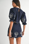 Linen Mix Embroidered Navy Mini Skirt and Top Set