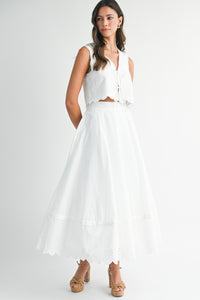 Eyelet Crop Top And Midi Skirt Set in White