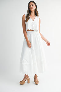 Eyelet Crop Top And Midi Skirt Set in White