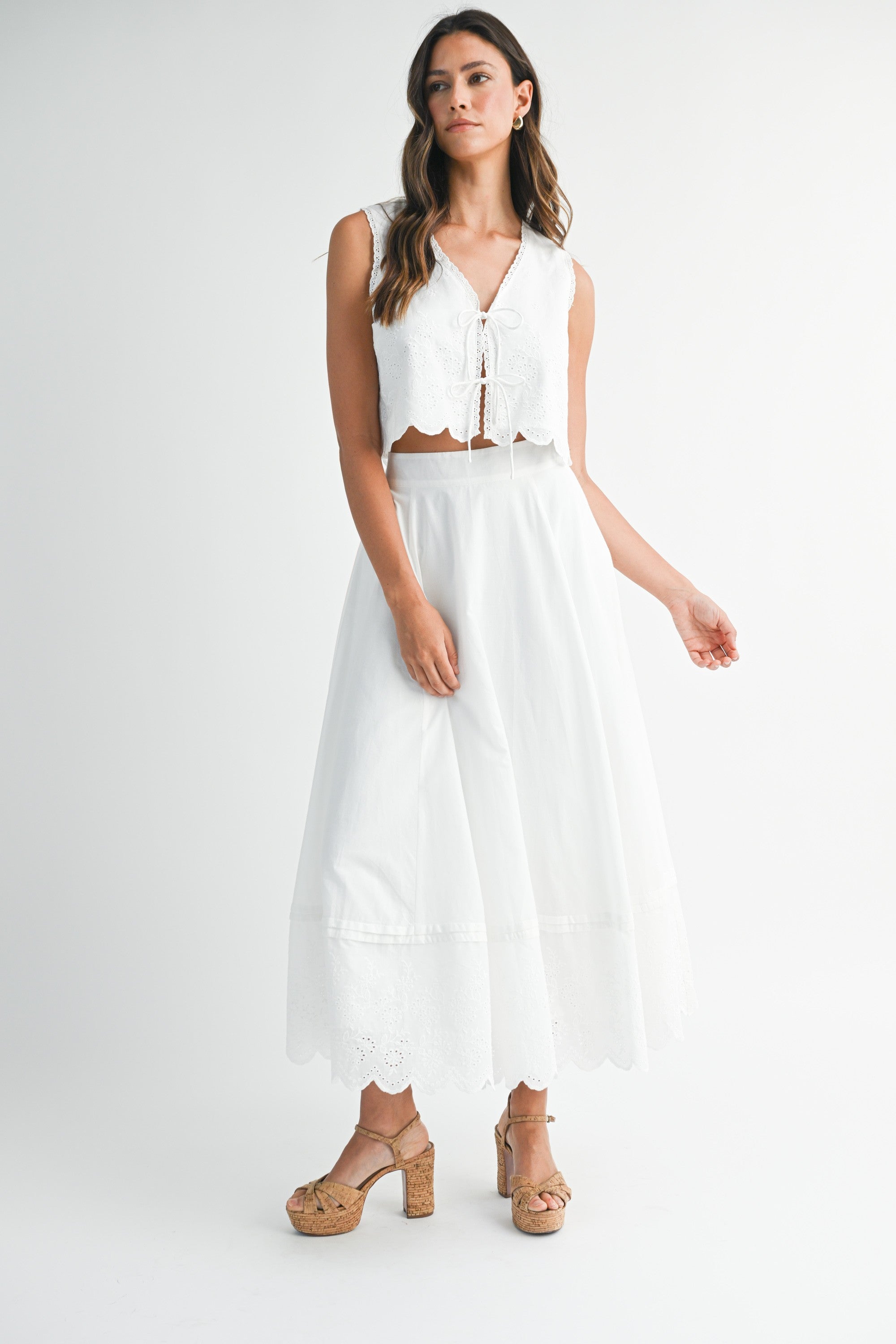 Eyelet Crop Top And Midi Skirt Set in White