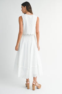 Eyelet Crop Top And Midi Skirt Set in White