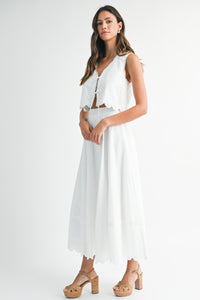 Eyelet Crop Top And Midi Skirt Set in White
