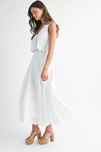 Eyelet Crop Top And Midi Skirt Set in White