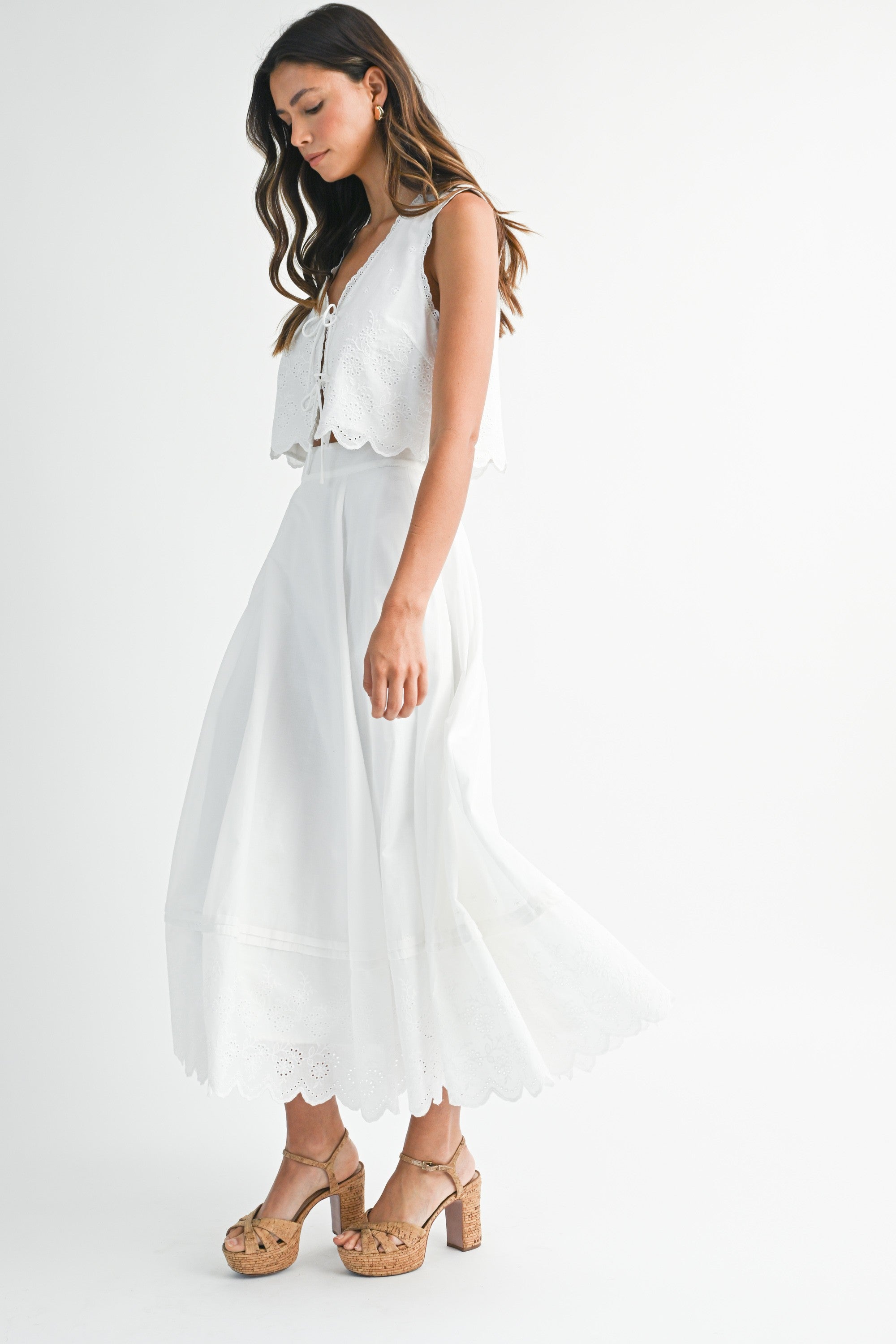 Eyelet Crop Top And Midi Skirt Set in White