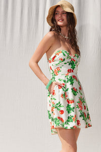 Twist Front Strapless Tomato Print Mini Dress