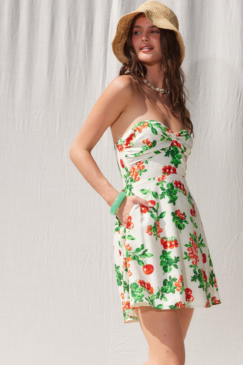 Twist Front Strapless Tomato Print Mini Dress