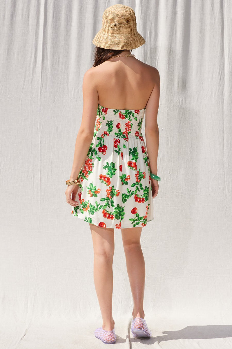 Twist Front Strapless Tomato Print Mini Dress