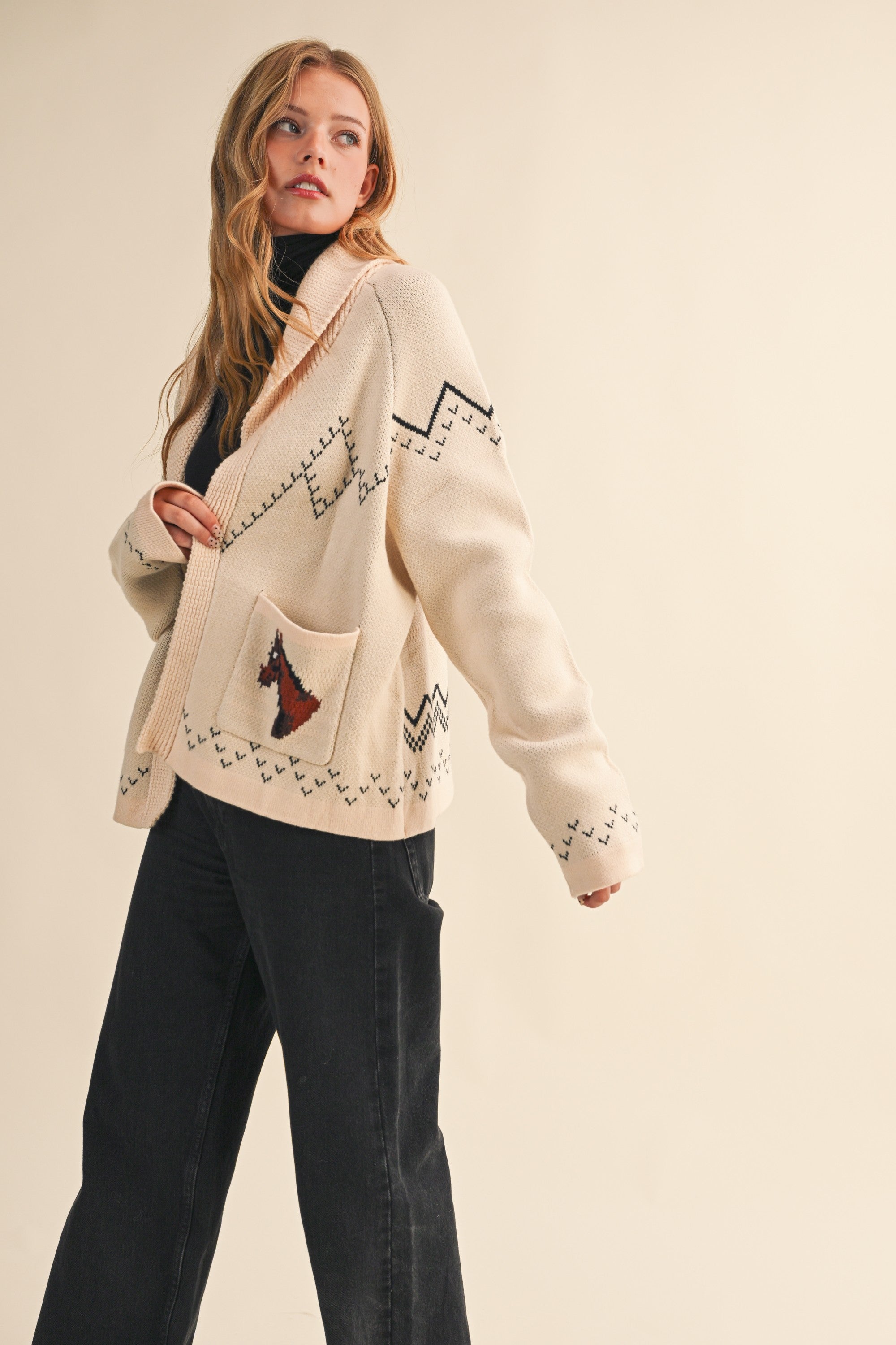 Giddy Up Horse Cardigan Sweater in Beige