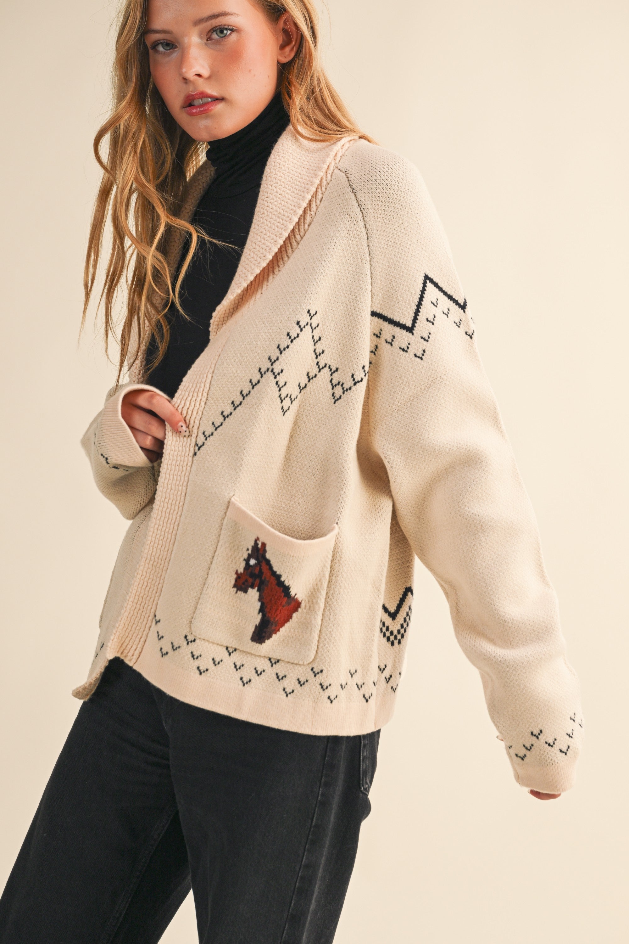 Giddy Up Horse Cardigan Sweater in Beige