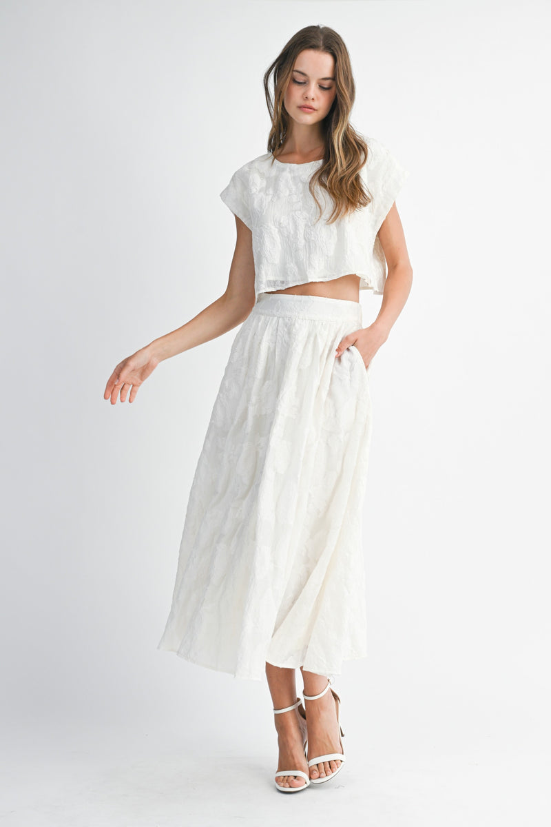 Textured Floral Two Piece Midi Skirt and Crop Top