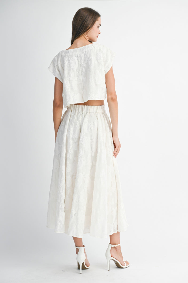 Textured Floral Two Piece Midi Skirt and Crop Top