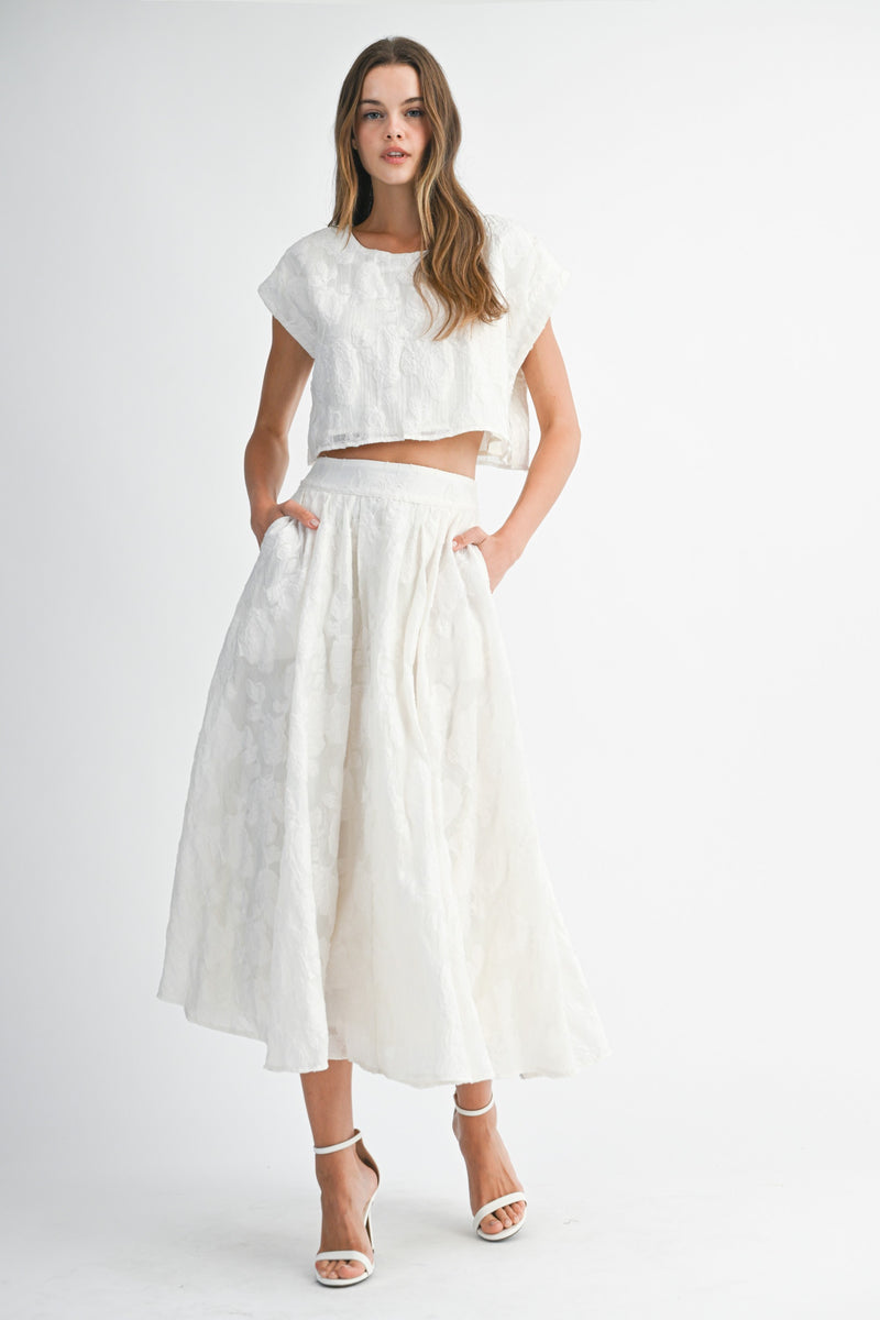 Textured Floral Two Piece Midi Skirt and Crop Top