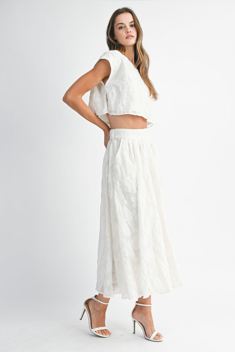 Textured Floral Two Piece Midi Skirt and Crop Top
