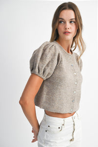 Puff Sleeve Short Sleeve Cardigan in Mocha