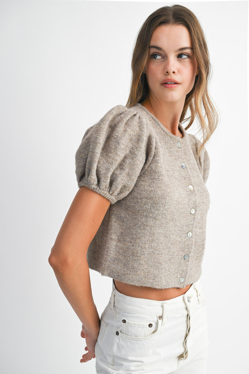 Puff Sleeve Short Sleeve Cardigan in Mocha
