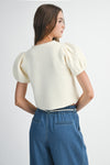 Puff Sleeve Short Sleeve Cardigan in Cream