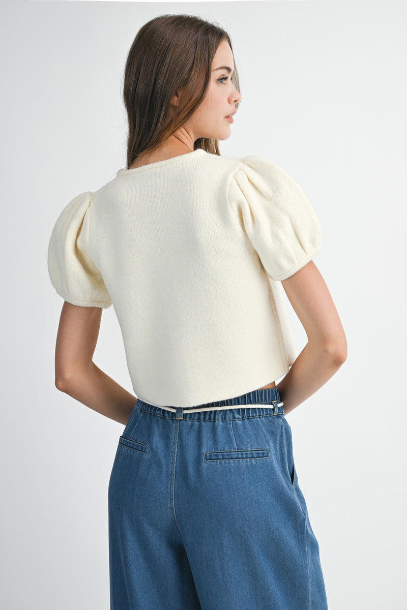 Puff Sleeve Short Sleeve Cardigan in Cream
