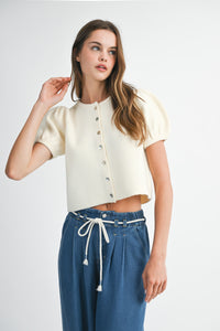 Puff Sleeve Short Sleeve Cardigan in Cream