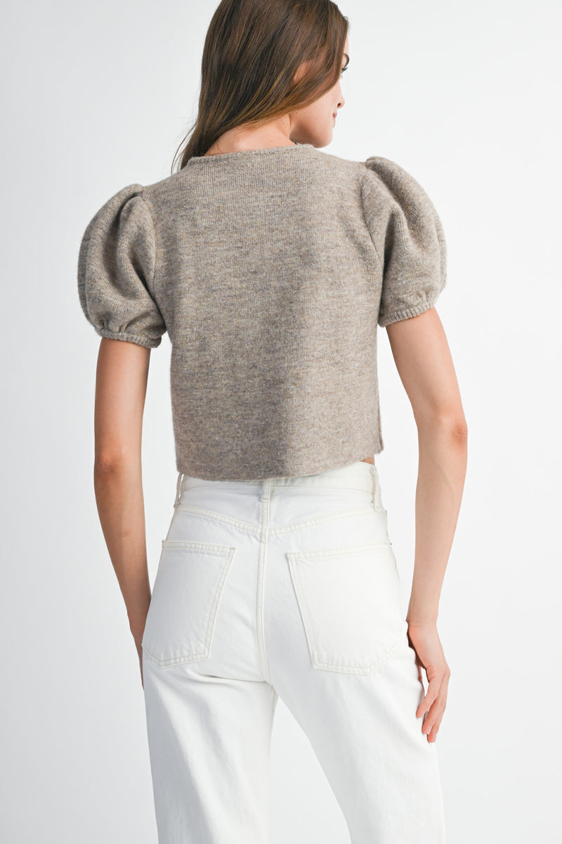Puff Sleeve Short Sleeve Cardigan in Mocha