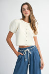Puff Sleeve Short Sleeve Cardigan in Cream