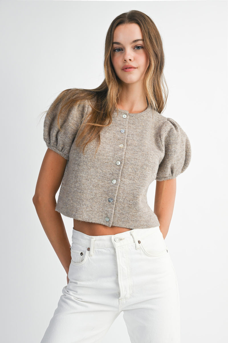 Puff Sleeve Short Sleeve Cardigan in Mocha