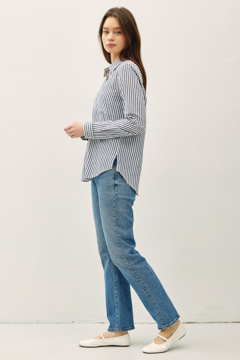 Dock Side Stripe Button Down Top in Denim Blue