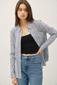Dock Side Stripe Button Down Top in Denim Blue