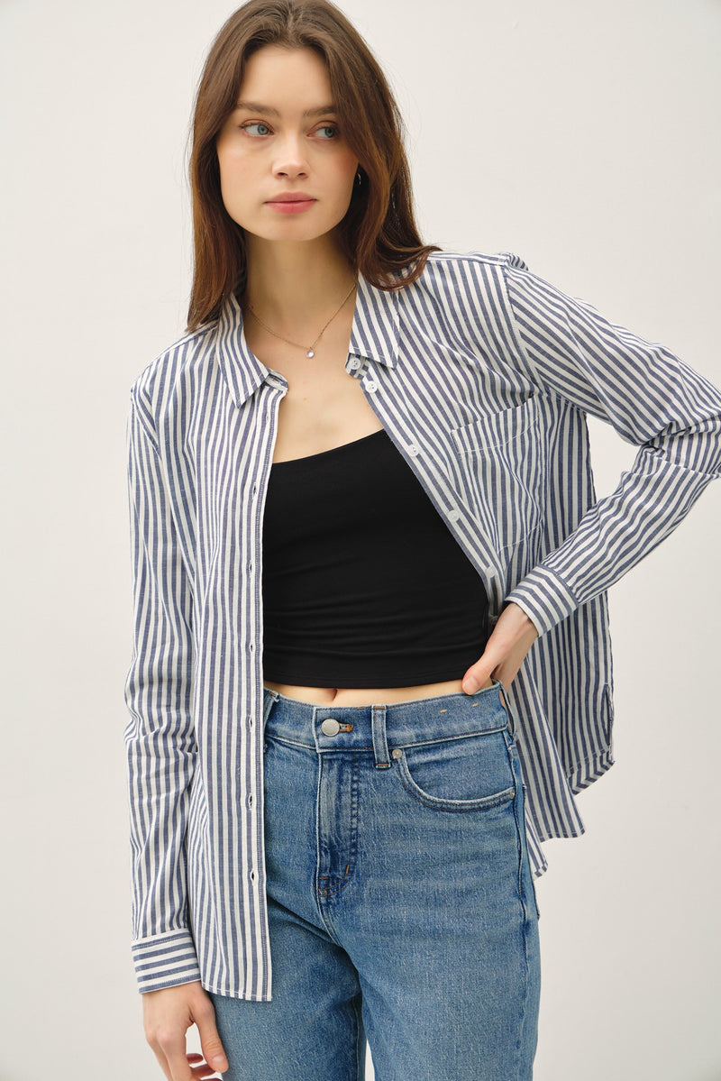 Dock Side Stripe Button Down Top in Denim Blue
