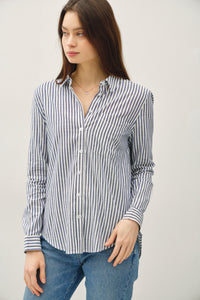 Dock Side Stripe Button Down Top in Denim Blue