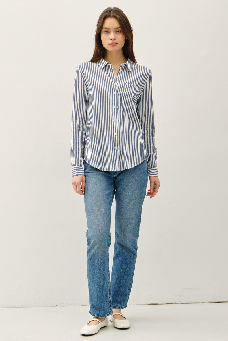 Dock Side Stripe Button Down Top in Denim Blue