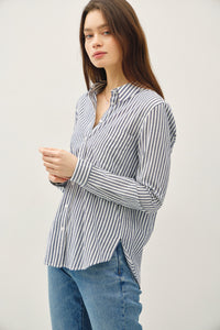 Dock Side Stripe Button Down Top in Denim Blue