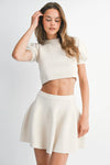 Two Piece Sweater Set Mini Skirt and Cropped Puff Sleeve Sweater