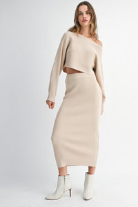 Crop Knit Top and Midi Skirt in Taupe