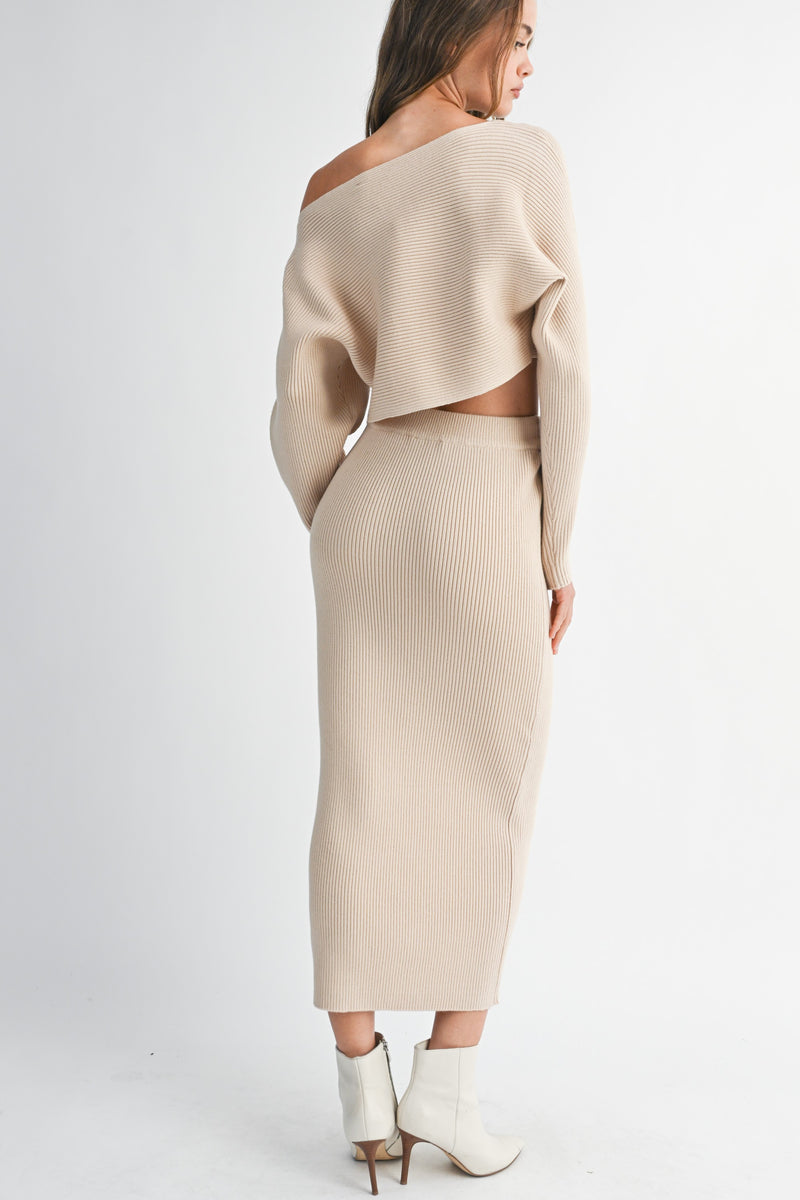 Crop Knit Top and Midi Skirt in Taupe