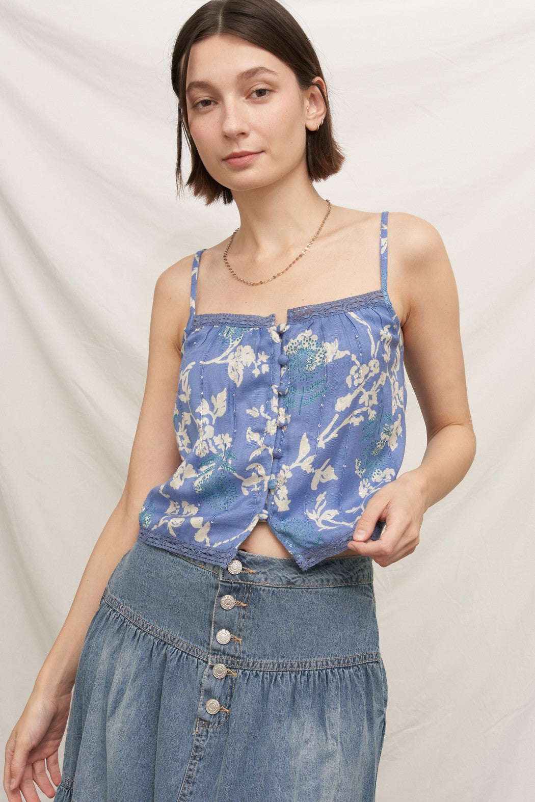 Reverie Printed Lace Trim Sequin Cami Top
