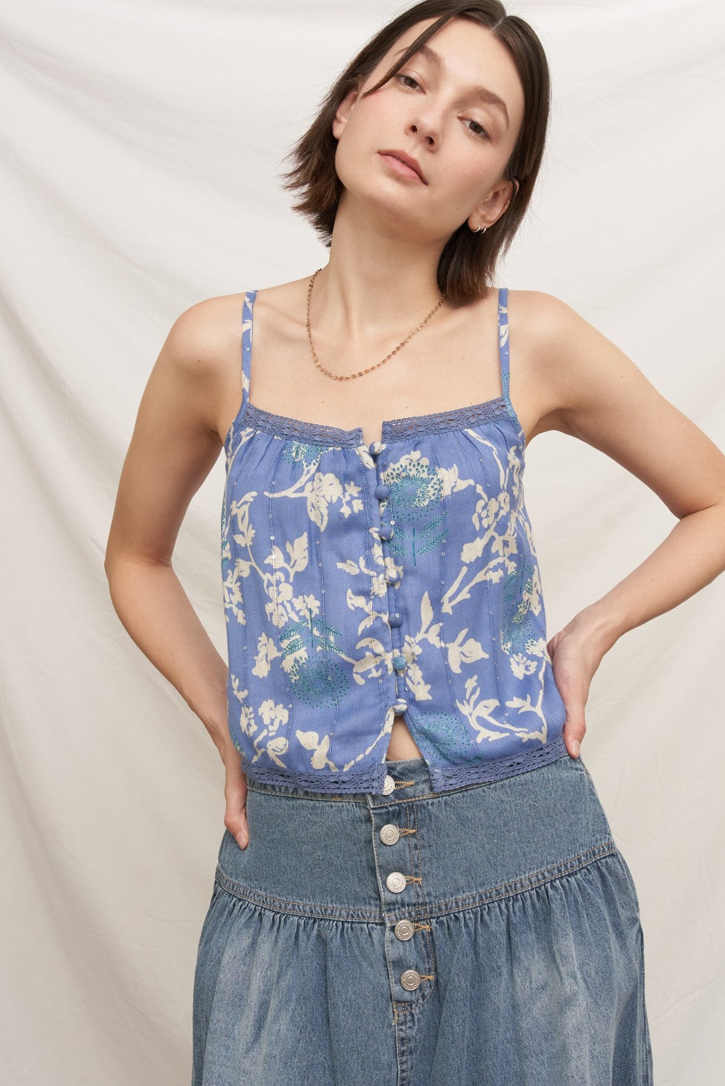 Reverie Printed Lace Trim Sequin Cami Top