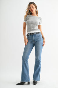 Mara Mid Rise Flare in Medium Denim