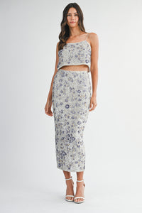 Floral Seqin Crop Top and Midi Skirt Set