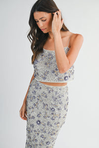 Floral Seqin Crop Top and Midi Skirt Set