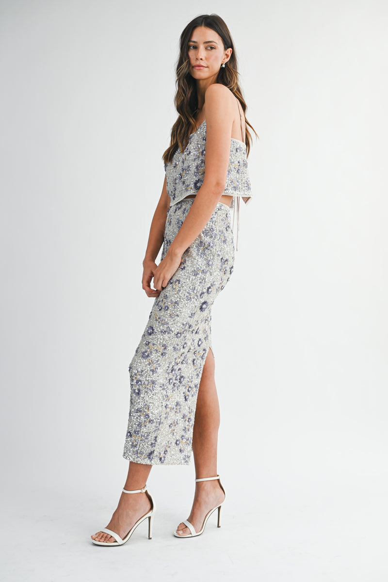 Floral Seqin Crop Top and Midi Skirt Set