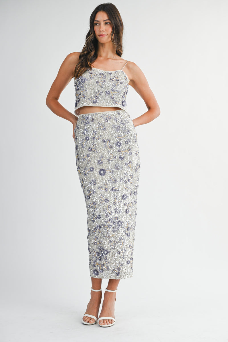 Floral Seqin Crop Top and Midi Skirt Set