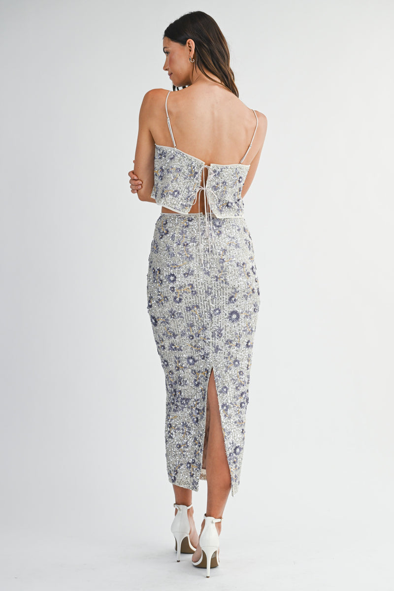 Floral Seqin Crop Top and Midi Skirt Set