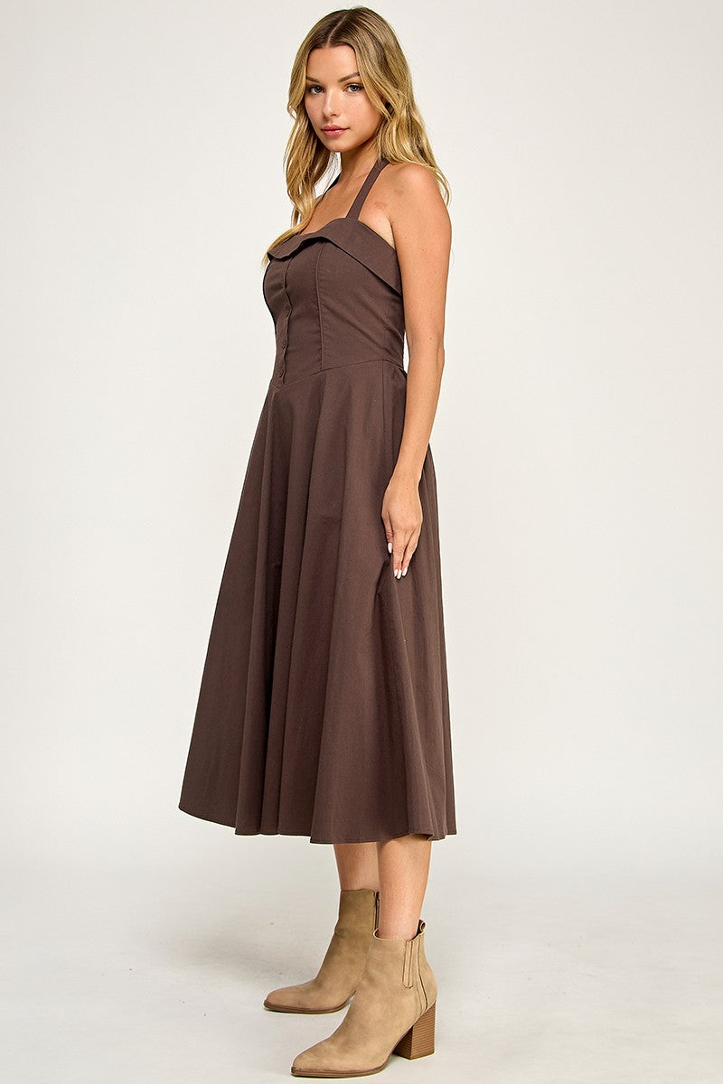 Chocolate Halter Flare Midi Dress