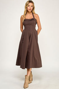Chocolate Halter Flare Midi Dress