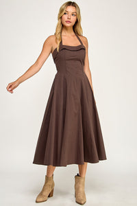Chocolate Halter Flare Midi Dress