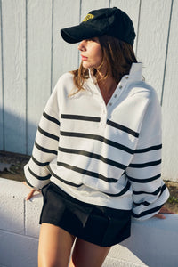 Whistler Stripe Fleece Snap Neck Top in White