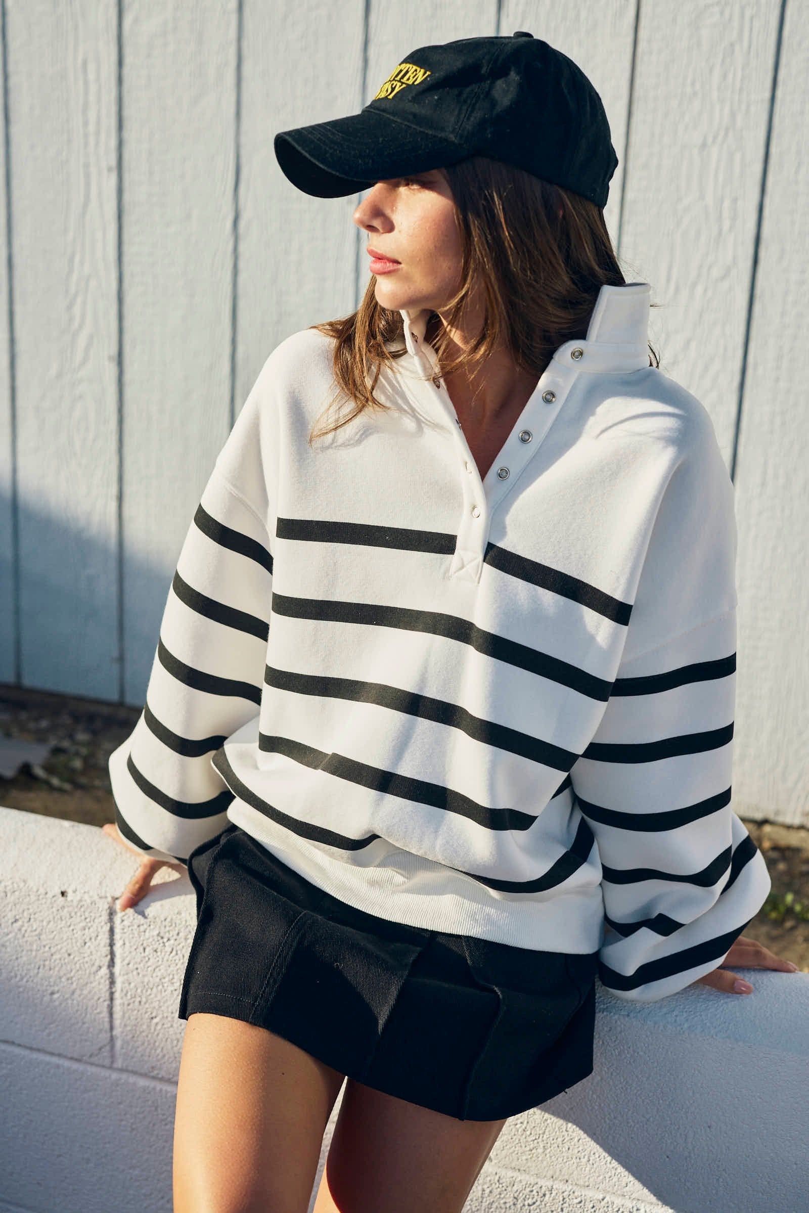 Whistler Stripe Fleece Snap Neck Top in White