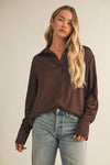 Silky Button Down Top In Chocolate