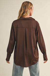 Silky Button Down Top In Chocolate
