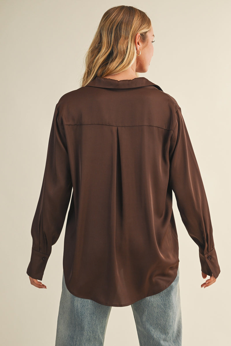 Silky Button Down Top In Chocolate